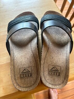 Reef Black Braided and Smooth Strap Cork Slide Sandals